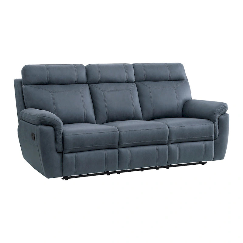 Divano reclinabile manuale Cliff da 85 pollici, microfibra blu, legno massello, metallo