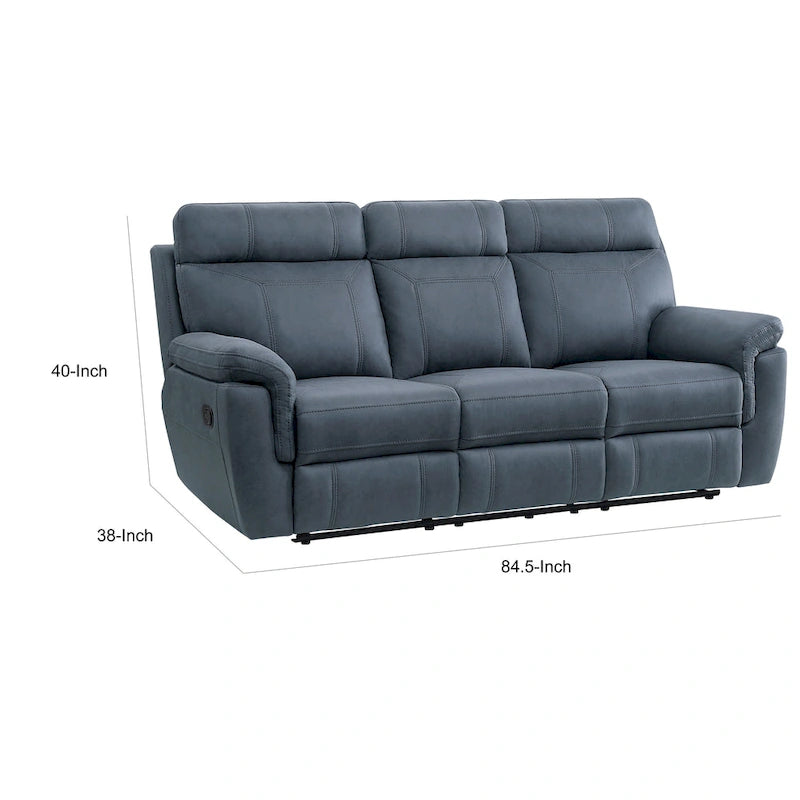 Divano reclinabile manuale Cliff da 85 pollici, microfibra blu, legno massello, metallo