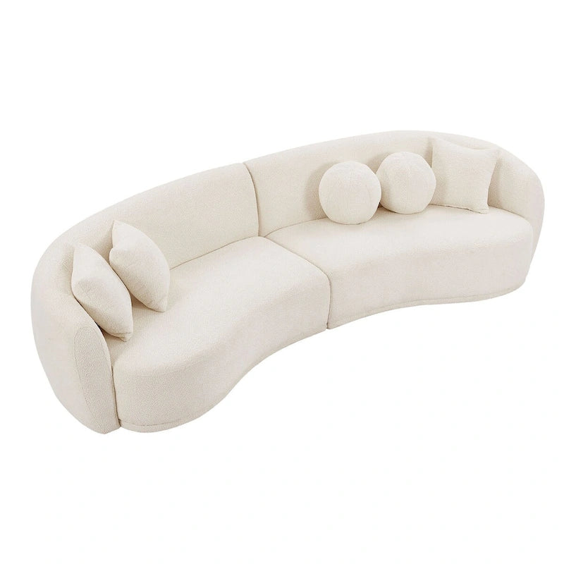 Divano componibile Soft Comfy con rivestimento in tessuto Teddy, seduta profonda e 5 cuscini decorativi