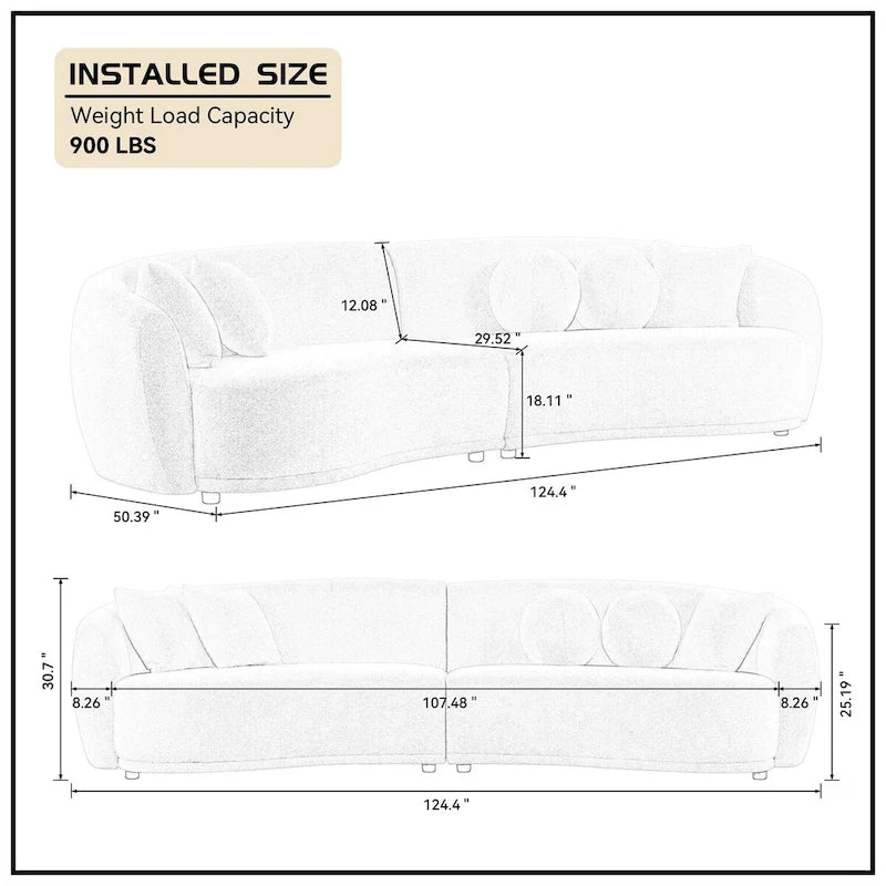 Divano componibile Soft Comfy con rivestimento in tessuto Teddy, seduta profonda e 5 cuscini decorativi