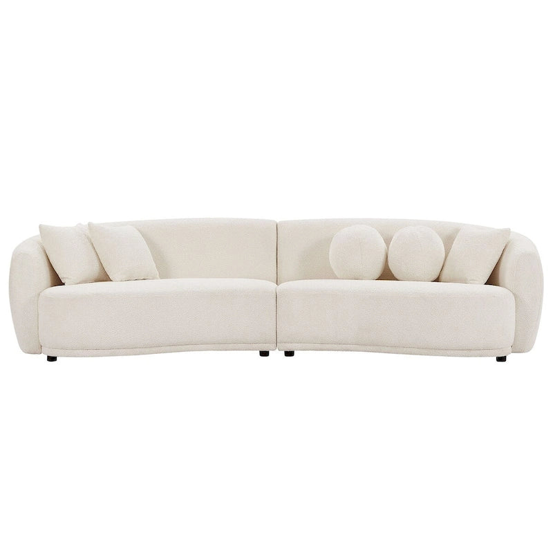 Divano componibile Soft Comfy con rivestimento in tessuto Teddy, seduta profonda e 5 cuscini decorativi