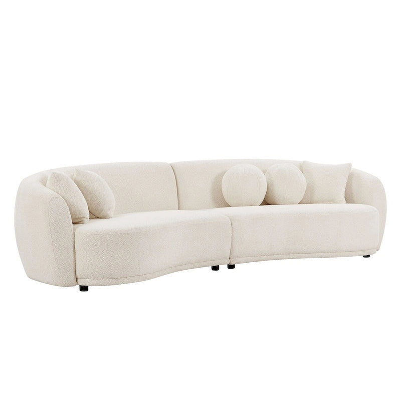 Divano componibile Soft Comfy con rivestimento in tessuto Teddy, seduta profonda e 5 cuscini decorativi