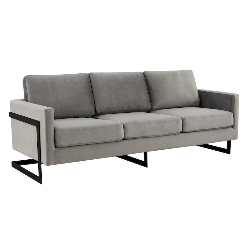 Leisuremod Lincoln Divano a 3 posti imbottito in velluto con base in acciaio inossidabile nero