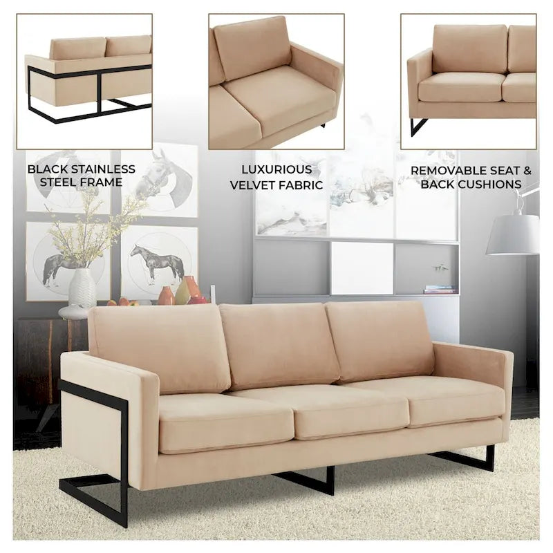 Leisuremod Lincoln Divano a 3 posti imbottito in velluto con base in acciaio inossidabile nero