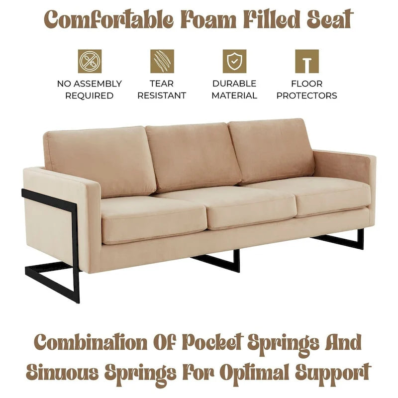 Leisuremod Lincoln Divano a 3 posti imbottito in velluto con base in acciaio inossidabile nero