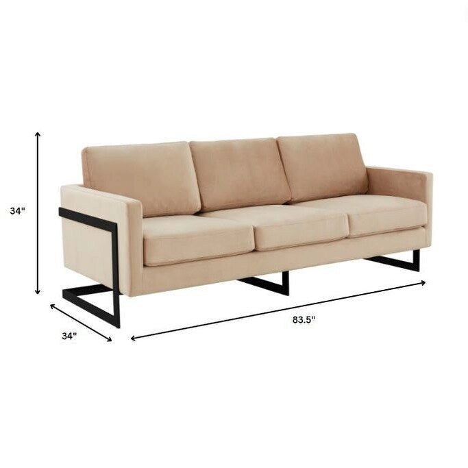 Leisuremod Lincoln Divano a 3 posti imbottito in velluto con base in acciaio inossidabile nero