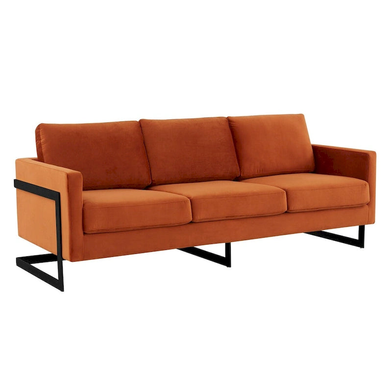 Leisuremod Lincoln Divano a 3 posti imbottito in velluto con base in acciaio inossidabile nero