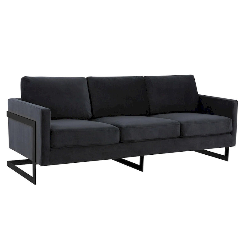 Leisuremod Lincoln Divano a 3 posti imbottito in velluto con base in acciaio inossidabile nero