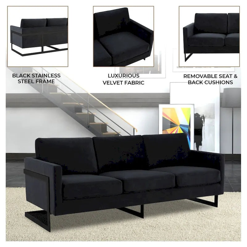 Leisuremod Lincoln Divano a 3 posti imbottito in velluto con base in acciaio inossidabile nero