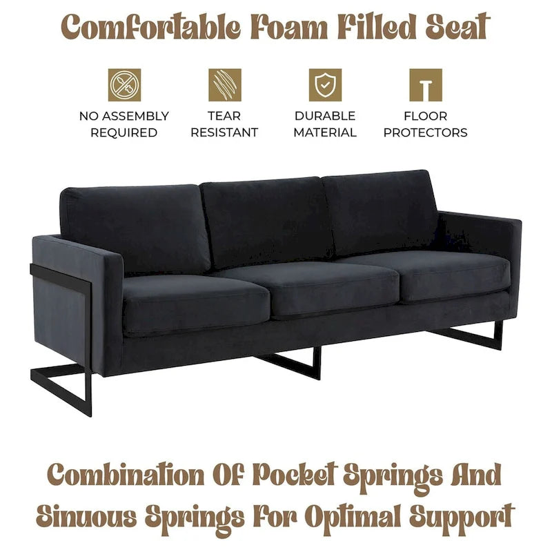 Leisuremod Lincoln Divano a 3 posti imbottito in velluto con base in acciaio inossidabile nero