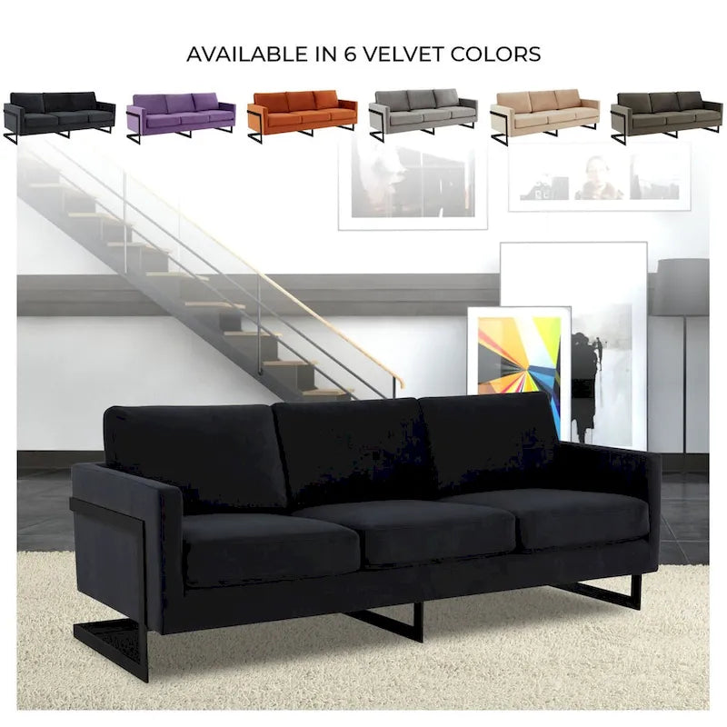 Leisuremod Lincoln Divano a 3 posti imbottito in velluto con base in acciaio inossidabile nero