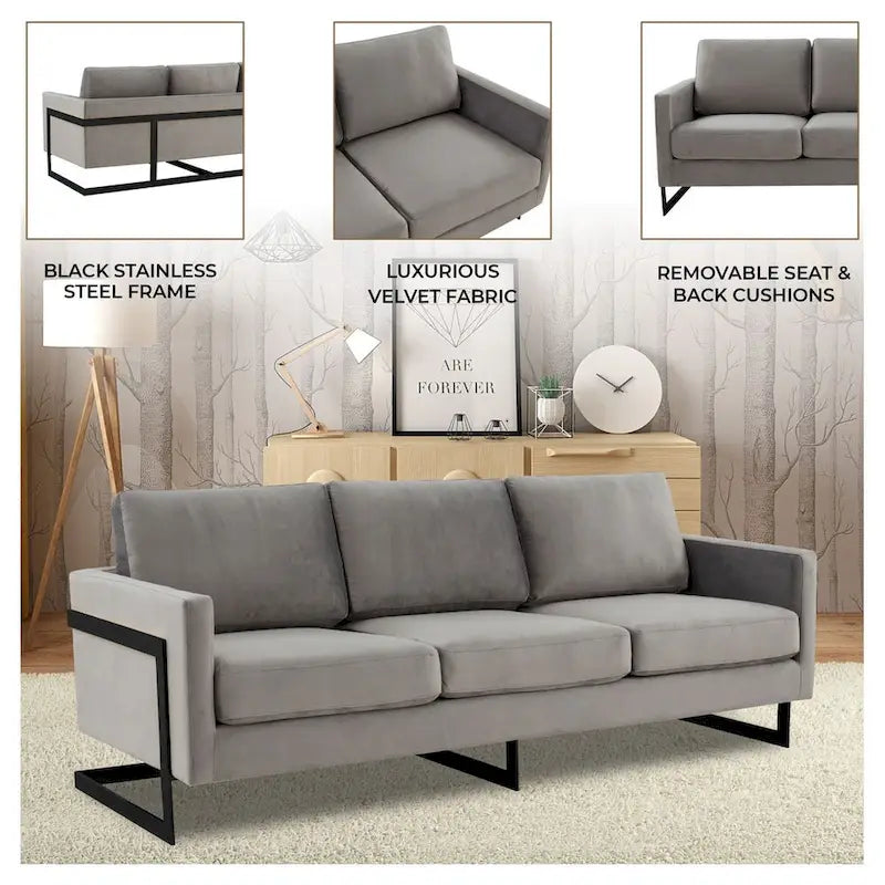 Leisuremod Lincoln Divano a 3 posti imbottito in velluto con base in acciaio inossidabile nero