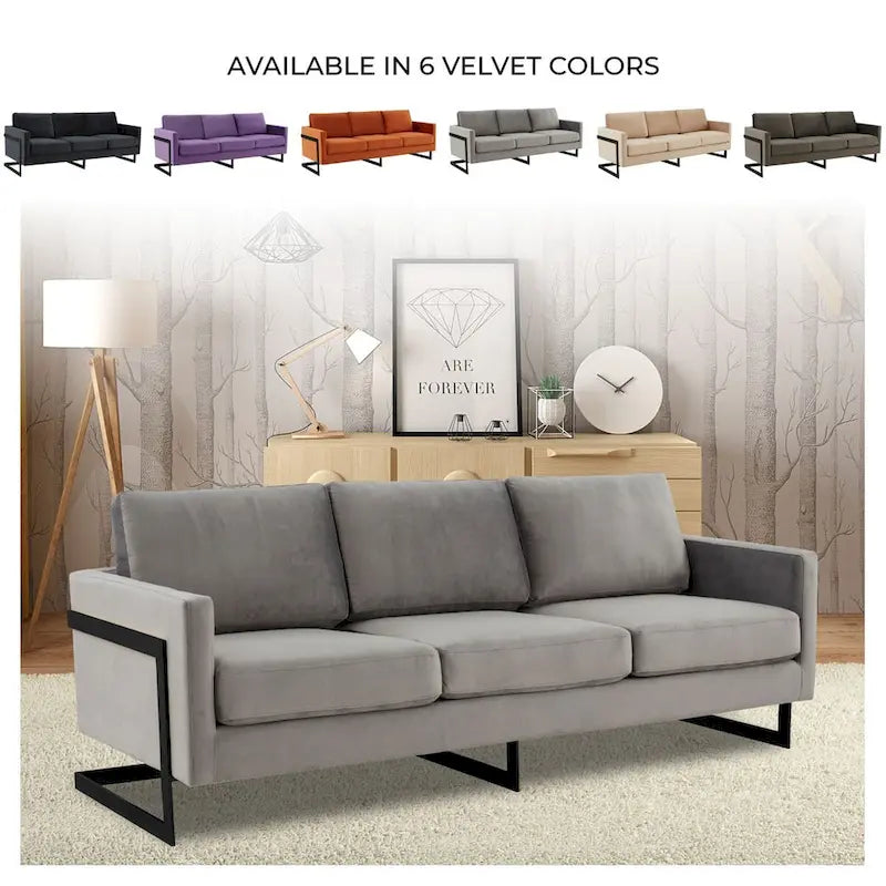 Leisuremod Lincoln Divano a 3 posti imbottito in velluto con base in acciaio inossidabile nero