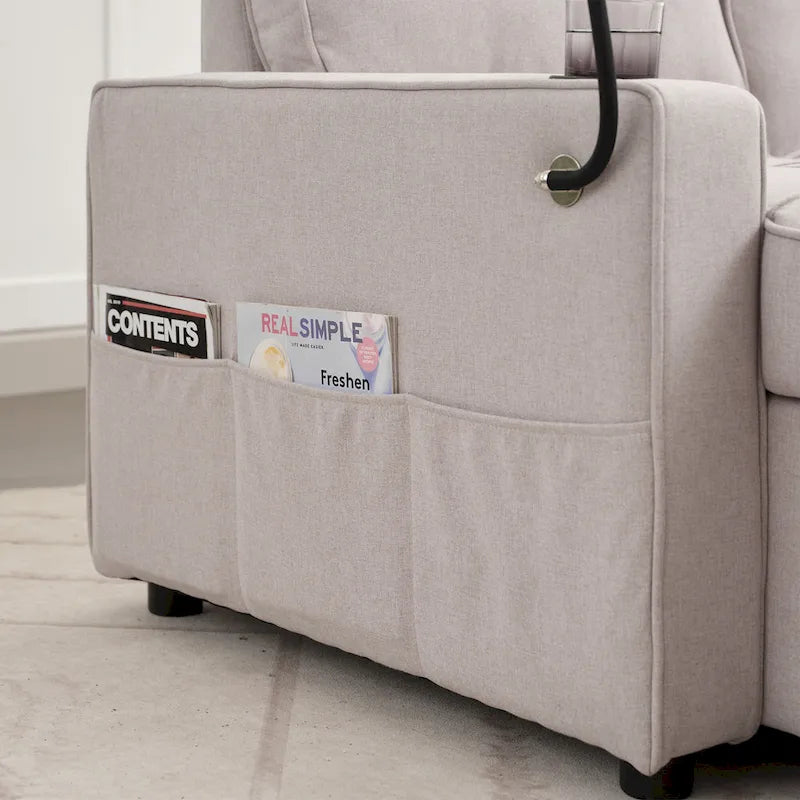 Divano Letto in Lino con Letto Estraibile, Spazio Extra per Riporre Oggetti, Porta Telefono e Caricatore USB