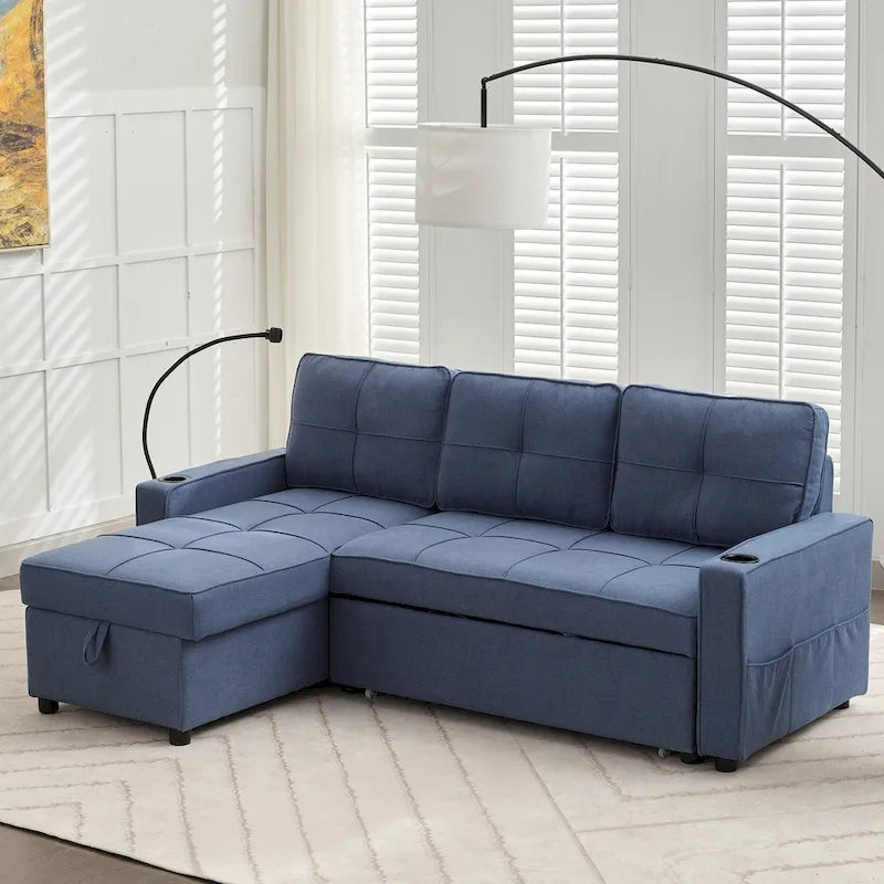 Divano Letto in Lino con Letto Estraibile, Spazio Extra per Riporre Oggetti, Porta Telefono e Caricatore USB