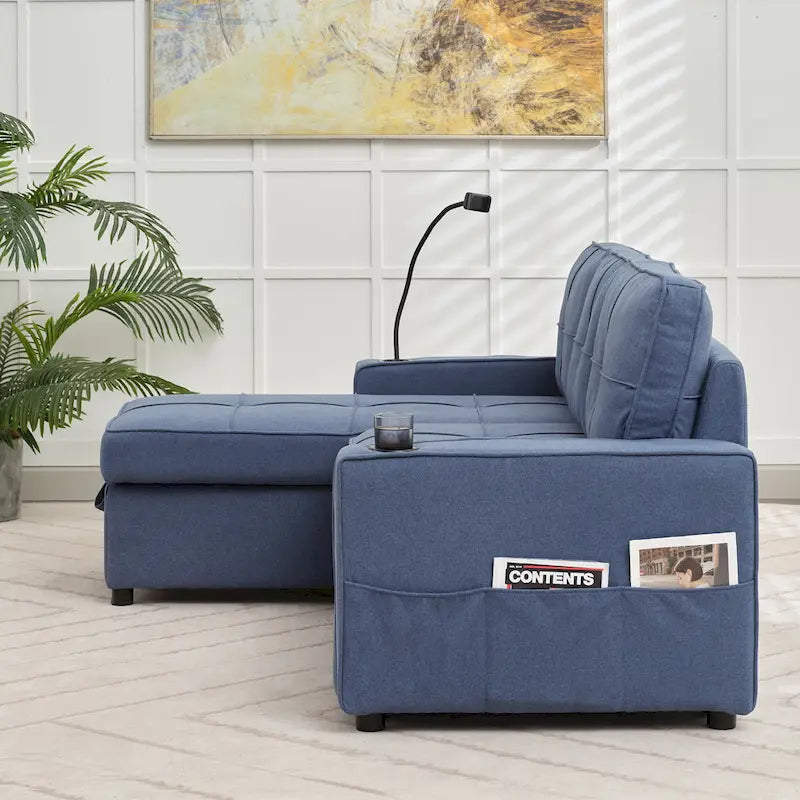 Divano Letto in Lino con Letto Estraibile, Spazio Extra per Riporre Oggetti, Porta Telefono e Caricatore USB