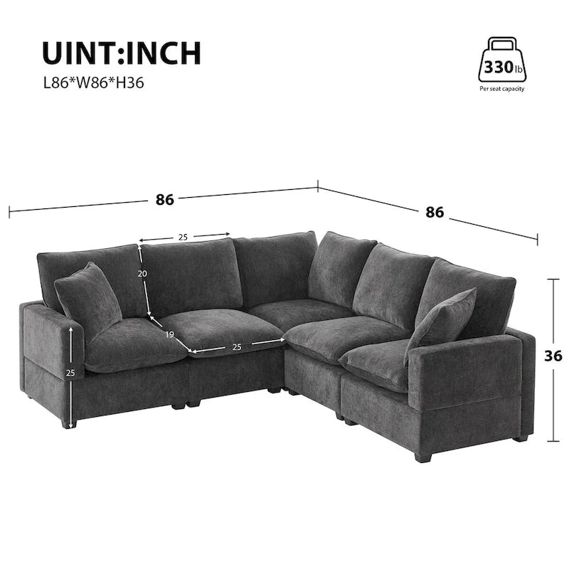 Divano modulare a L moderno Nestfair, divano componibile a 5 posti in ciniglia con 2 cuscini inclusi